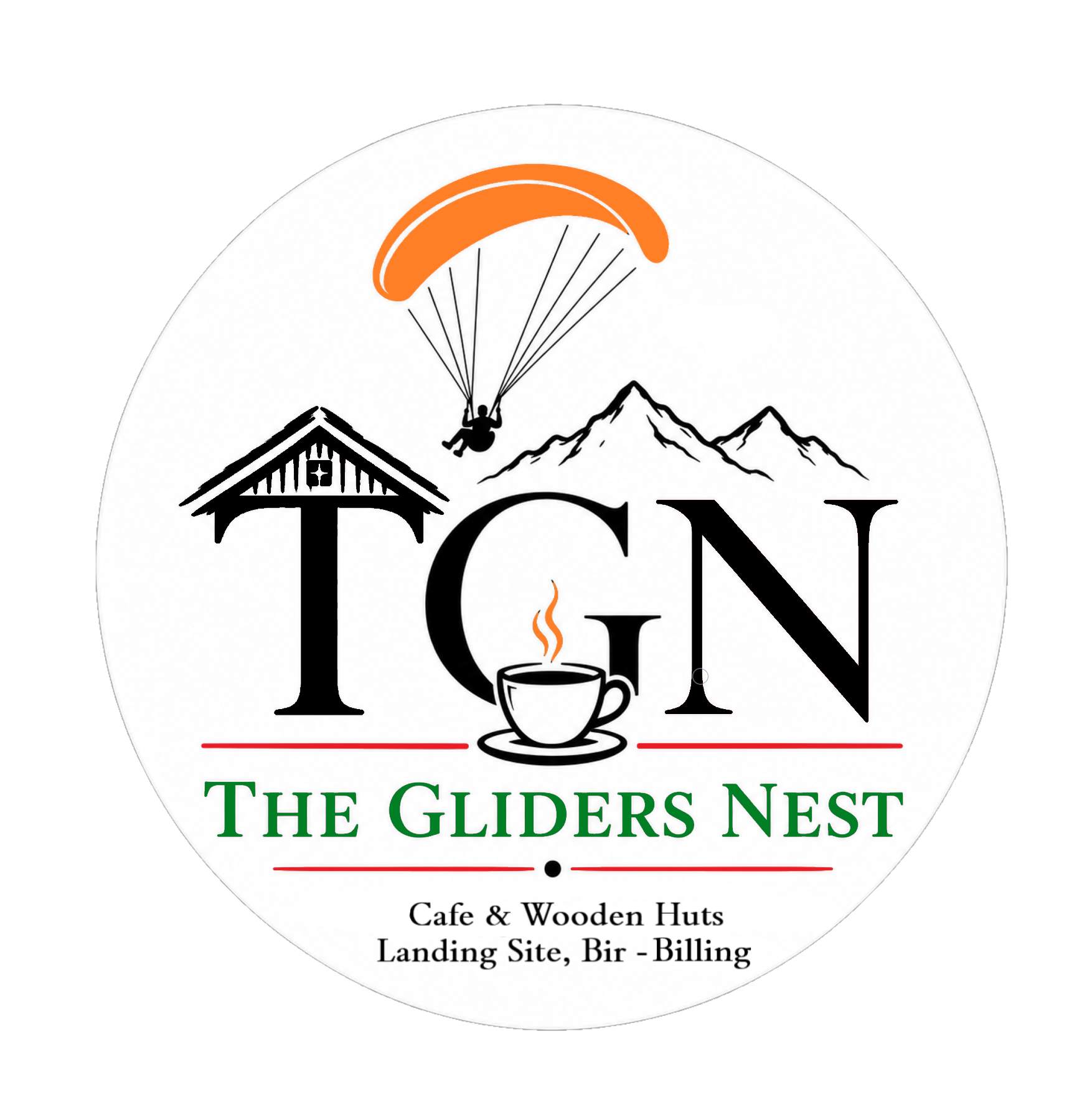The Gliders Nest logo — cafe and wooden huts, Bir Billing